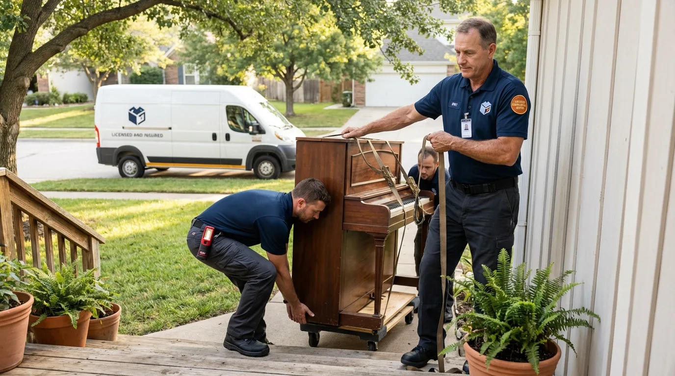 Licensed piano movers securing grand piano in Johnson City, NY