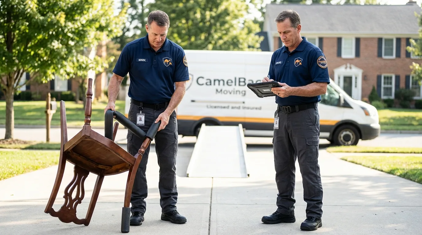 Movers inspecting furniture for damage prevention before loading in Johnson City, NY
