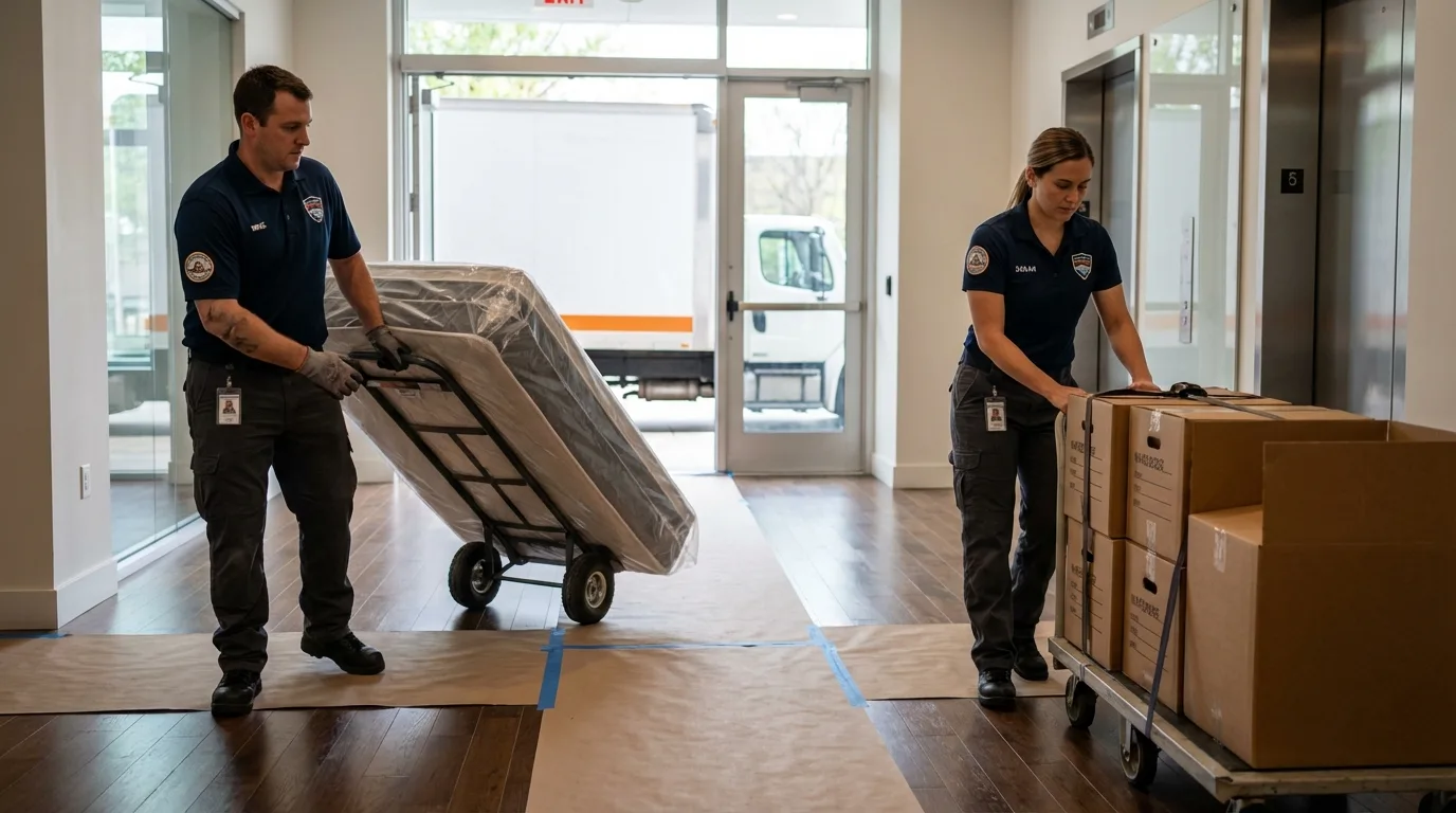 Professional apartment movers loading elevator in Johnson City, NY
