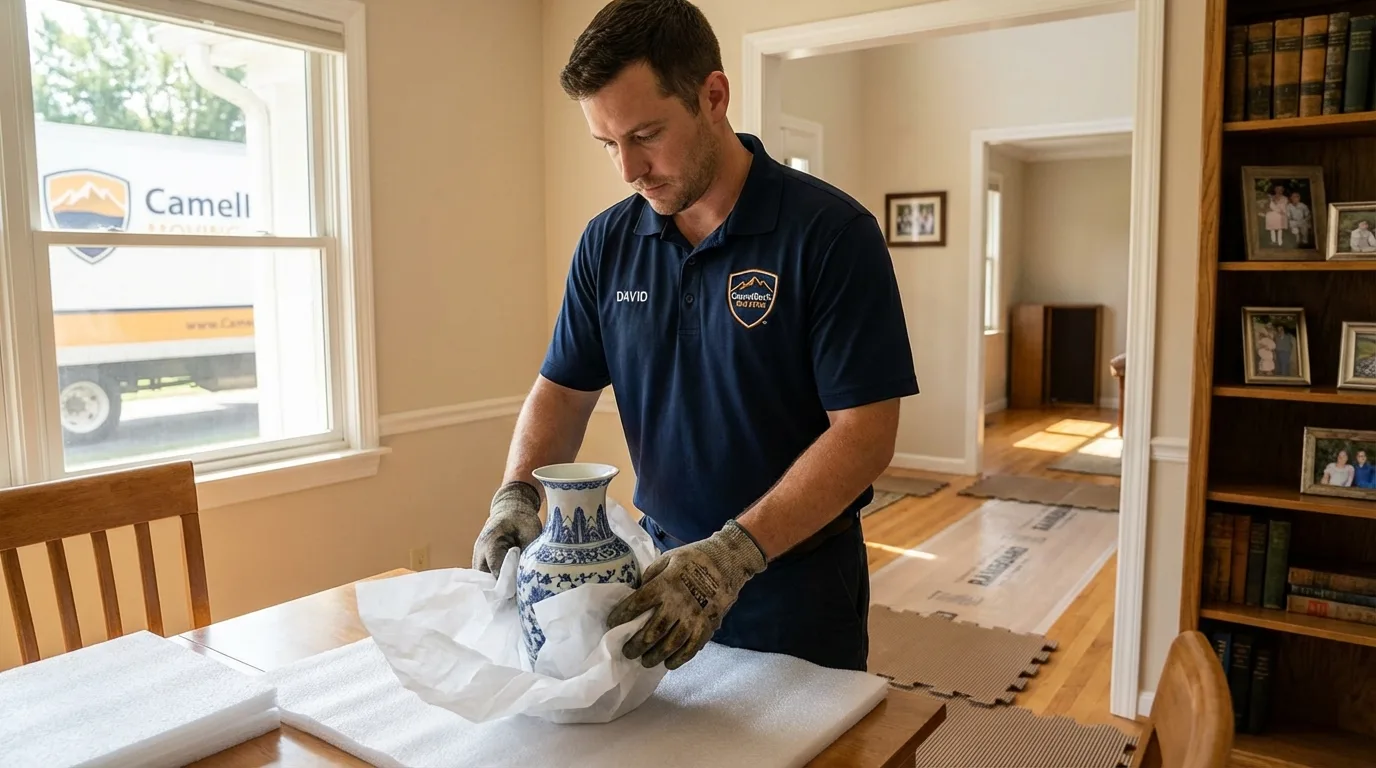 Professional crew carefully wrapping antique vase for senior downsizing move in Johnson City, NY