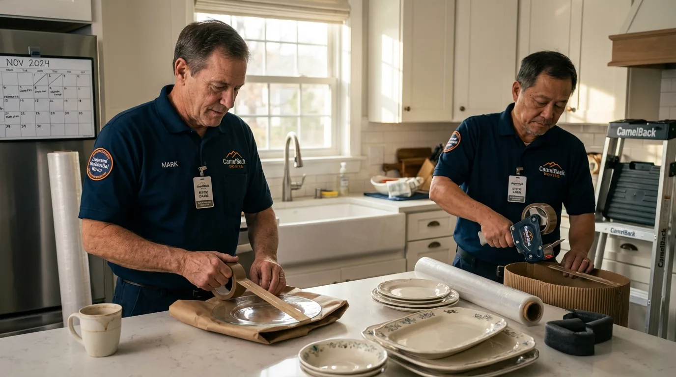 Professional crew packing kitchen dishware in Johnson City, NY